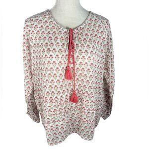 Roller Rabbit Red & Green Floral Tassel Tie Lightweight 3/4 Sleeve Boho Top